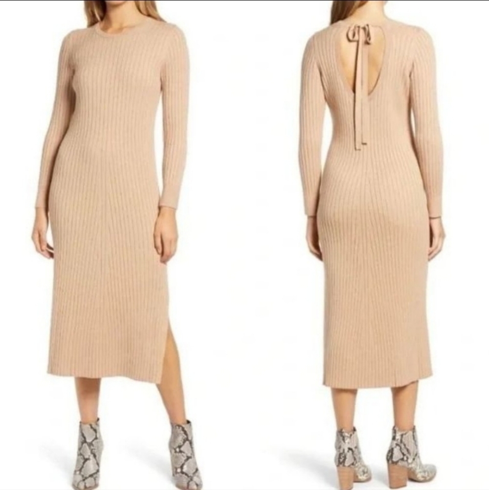 Wayf Knit Dress M Open Back Tie Camel 204A